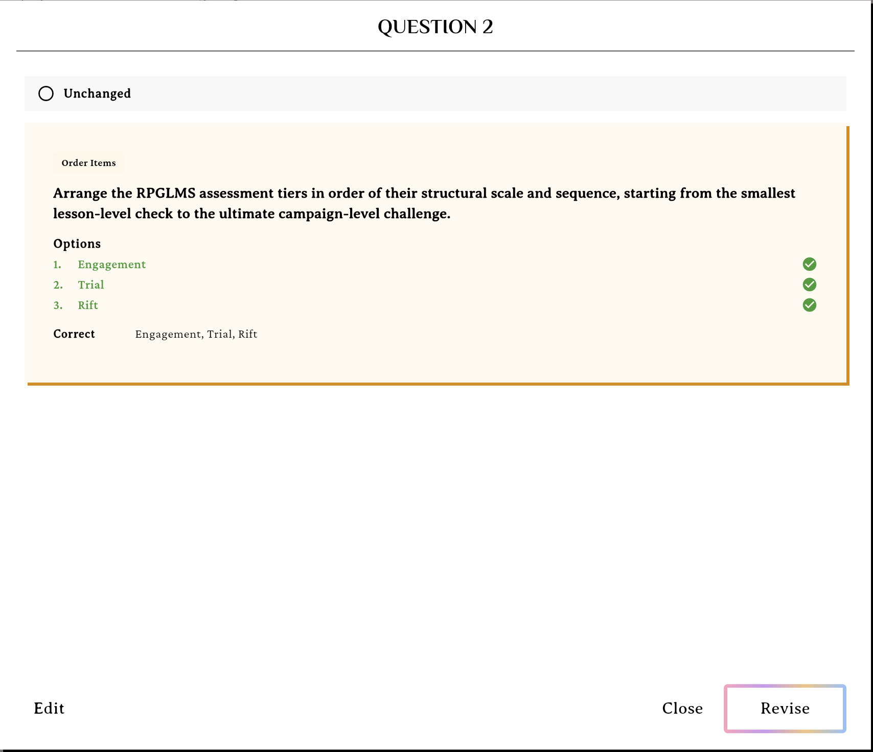 A saved Order Items question's preview with every option row checked green and the Correct line spelling out the sequence