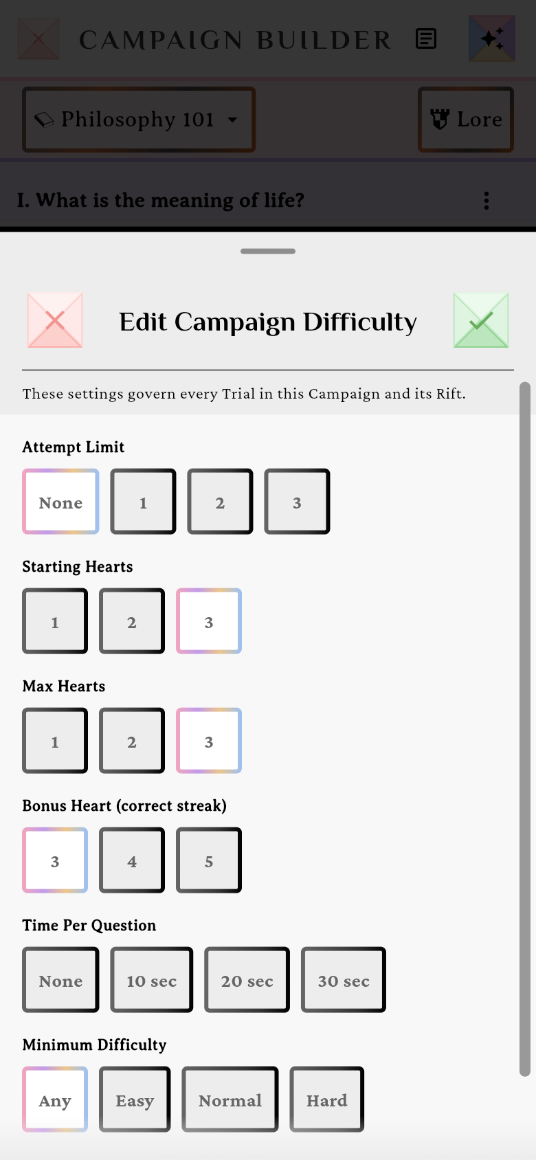 The Edit Campaign Difficulty sheet showing the attempt, heart, timer and minimum-difficulty controls