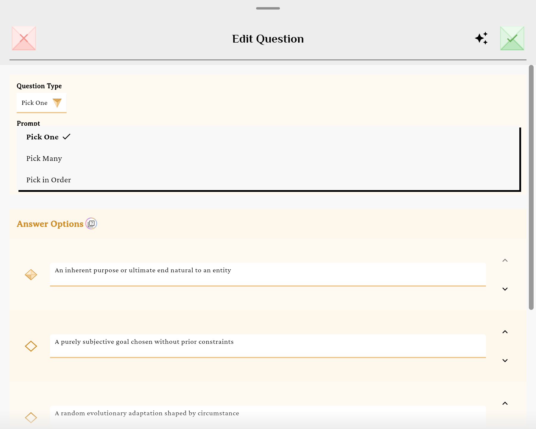 The question type dropdown showing Pick One, Pick Many, and Pick in Order