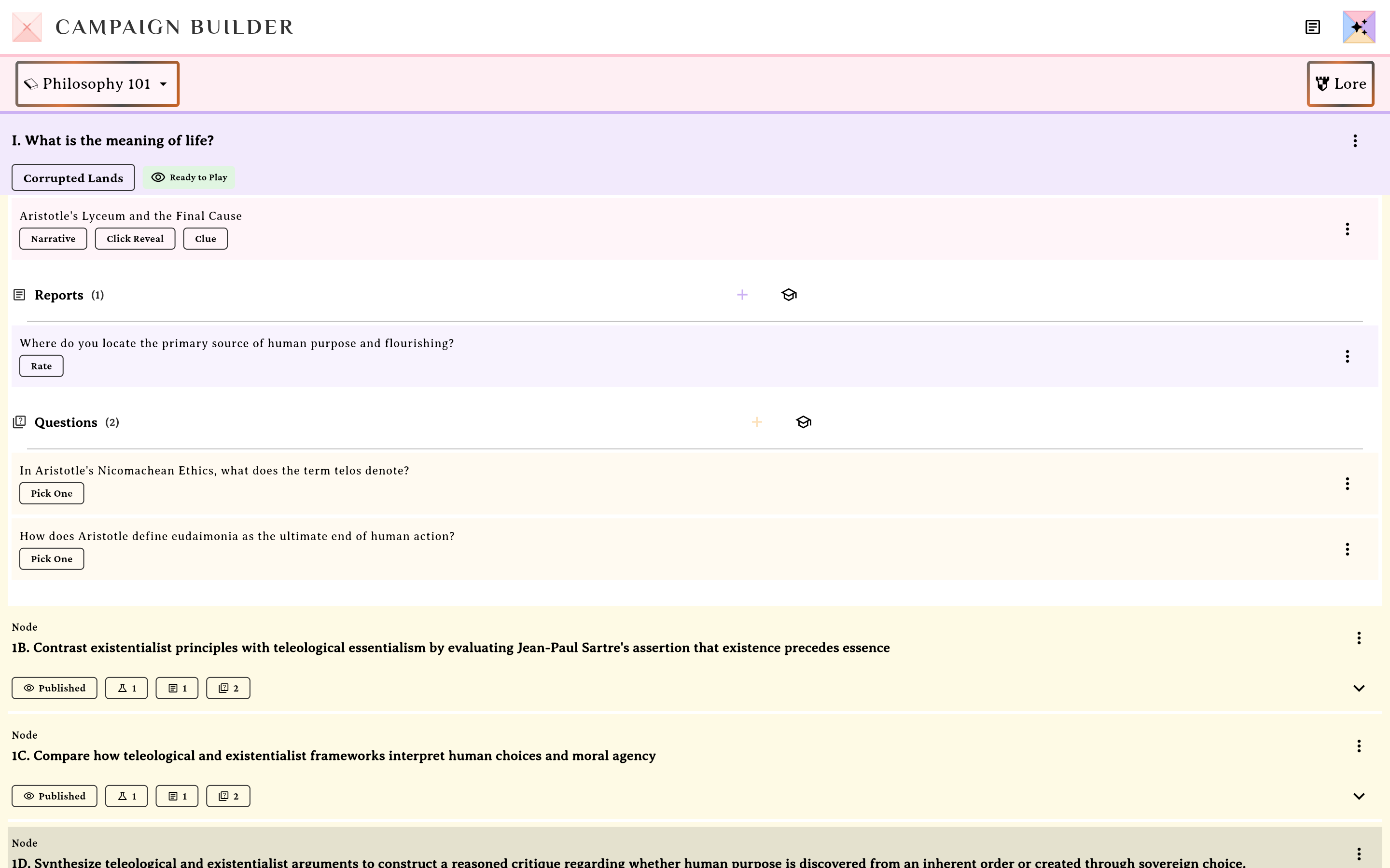 A node's Questions section with the add control and existing questions showing type chips