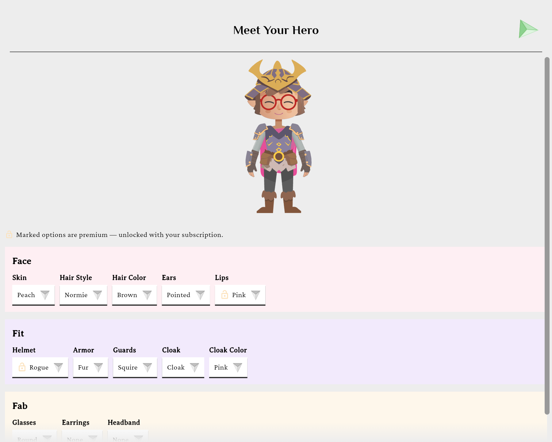 The first-run Meet Your Hero avatar sheet with the Face, Fit and Fab sections