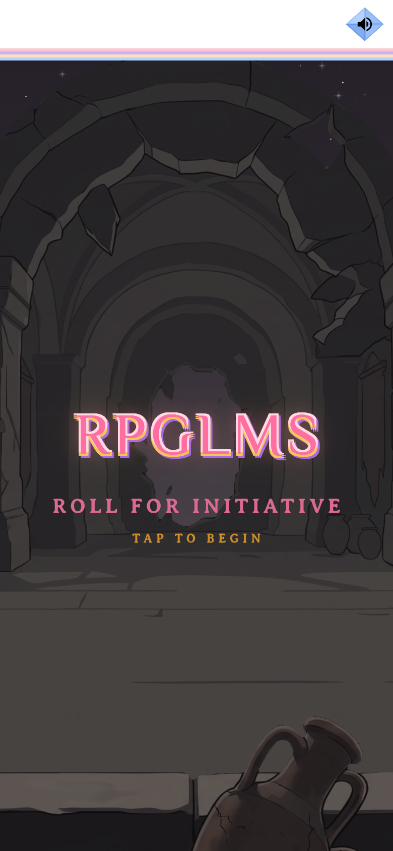 The RPGLMS title screen with the 3D logo and ROLL FOR INITIATIVE prompt