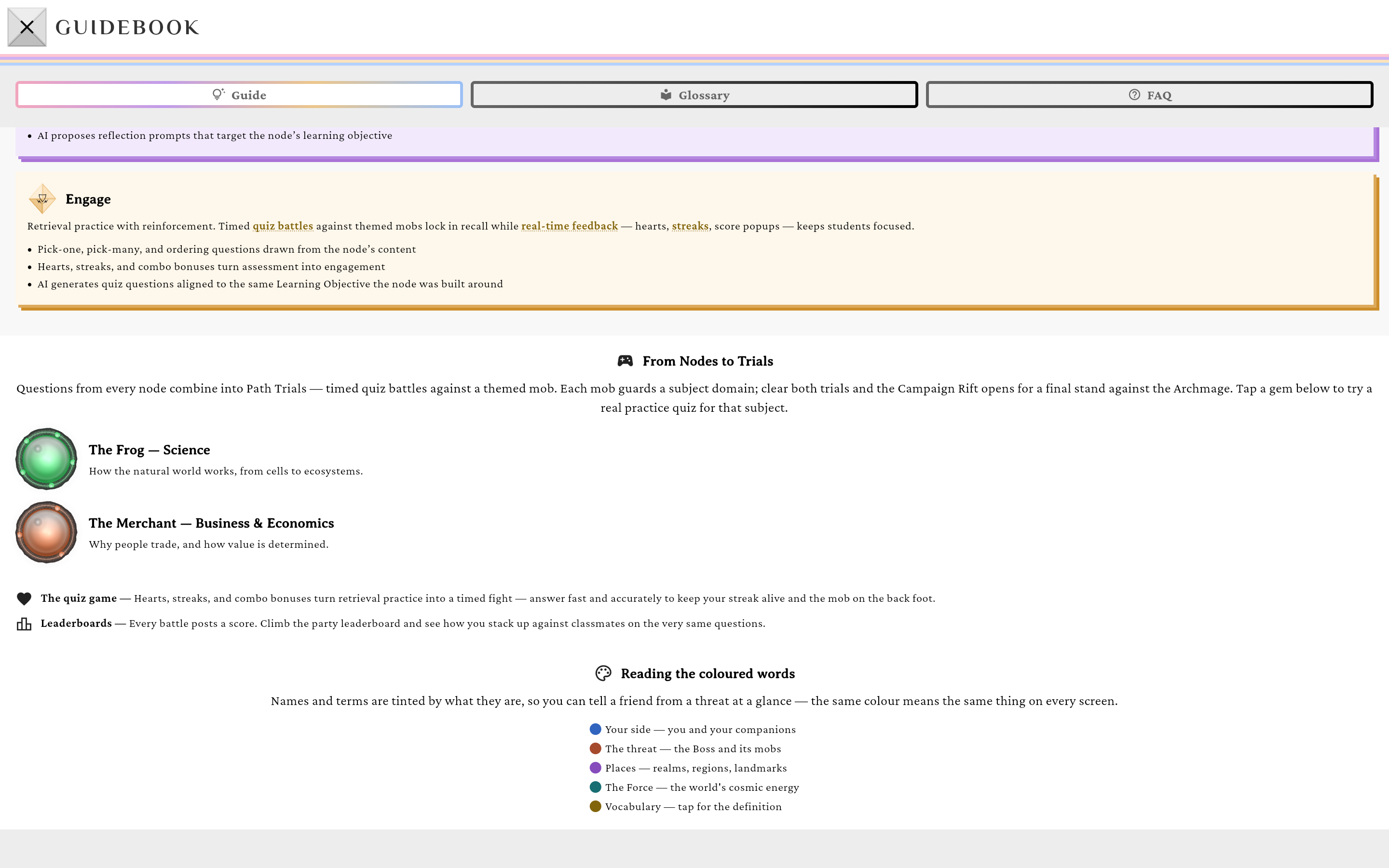 The Guidebook Guide tab with the mob stones and glossary/FAQ tabs visible
