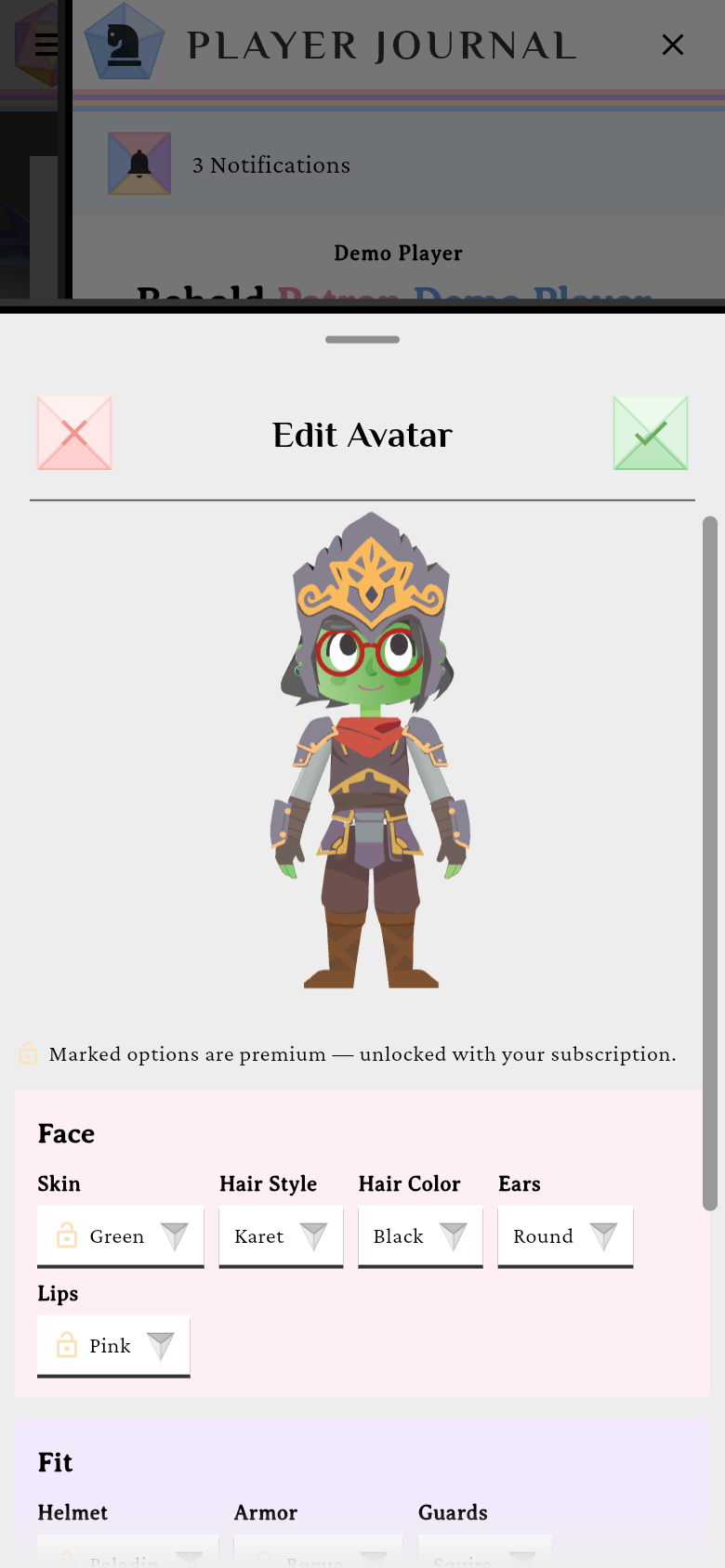 The Edit Avatar sheet with the live hero preview above the cosmetic dropdowns