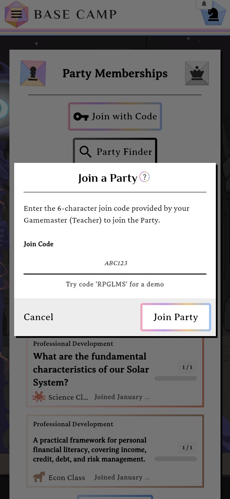 The Join a Party dialog with the 6-character code field and the demo hint