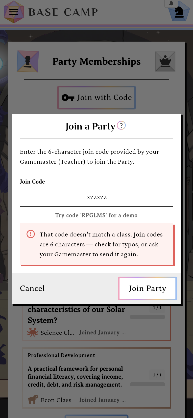The Join a Party dialog showing the unrecognised-code error beneath the Join Code field