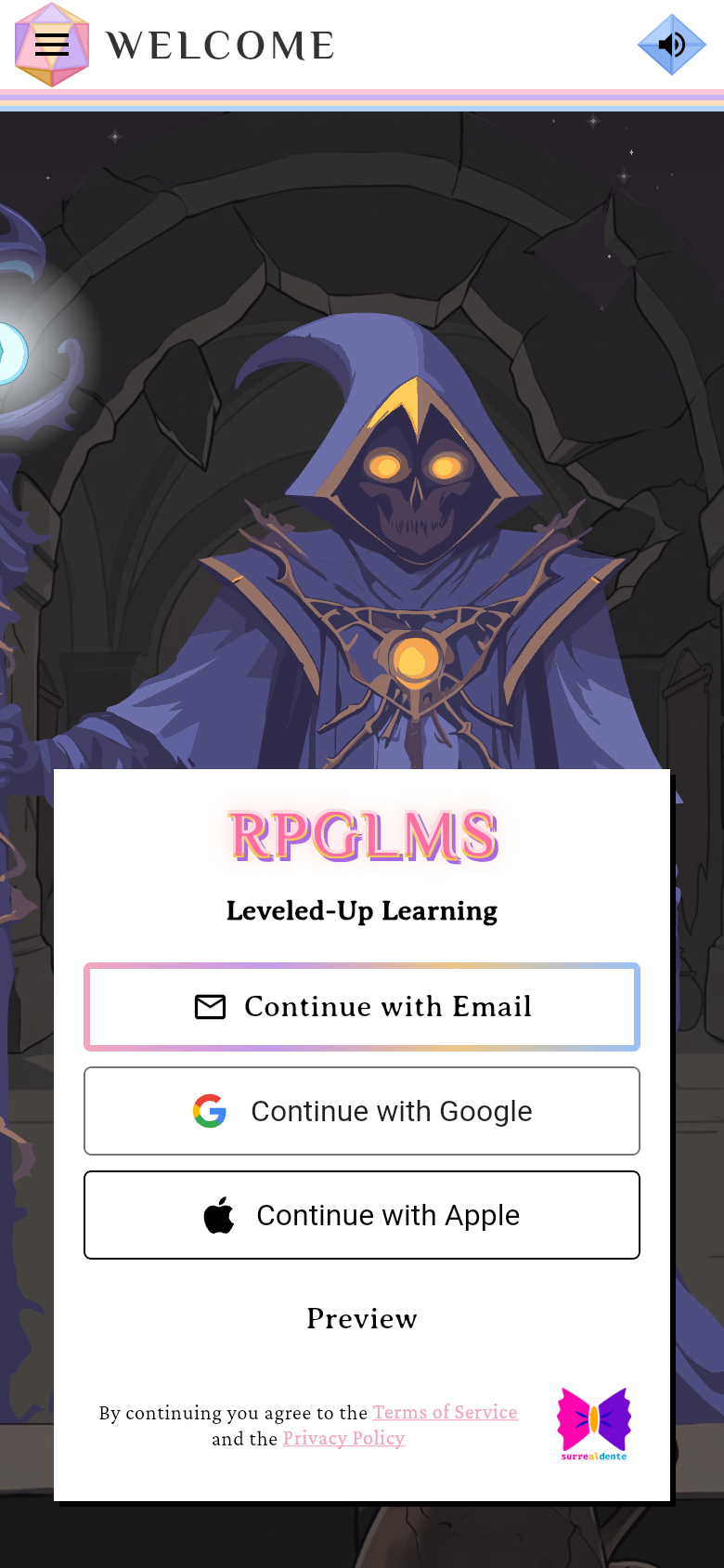 The login card with the Continue with Email, Google and Apple buttons