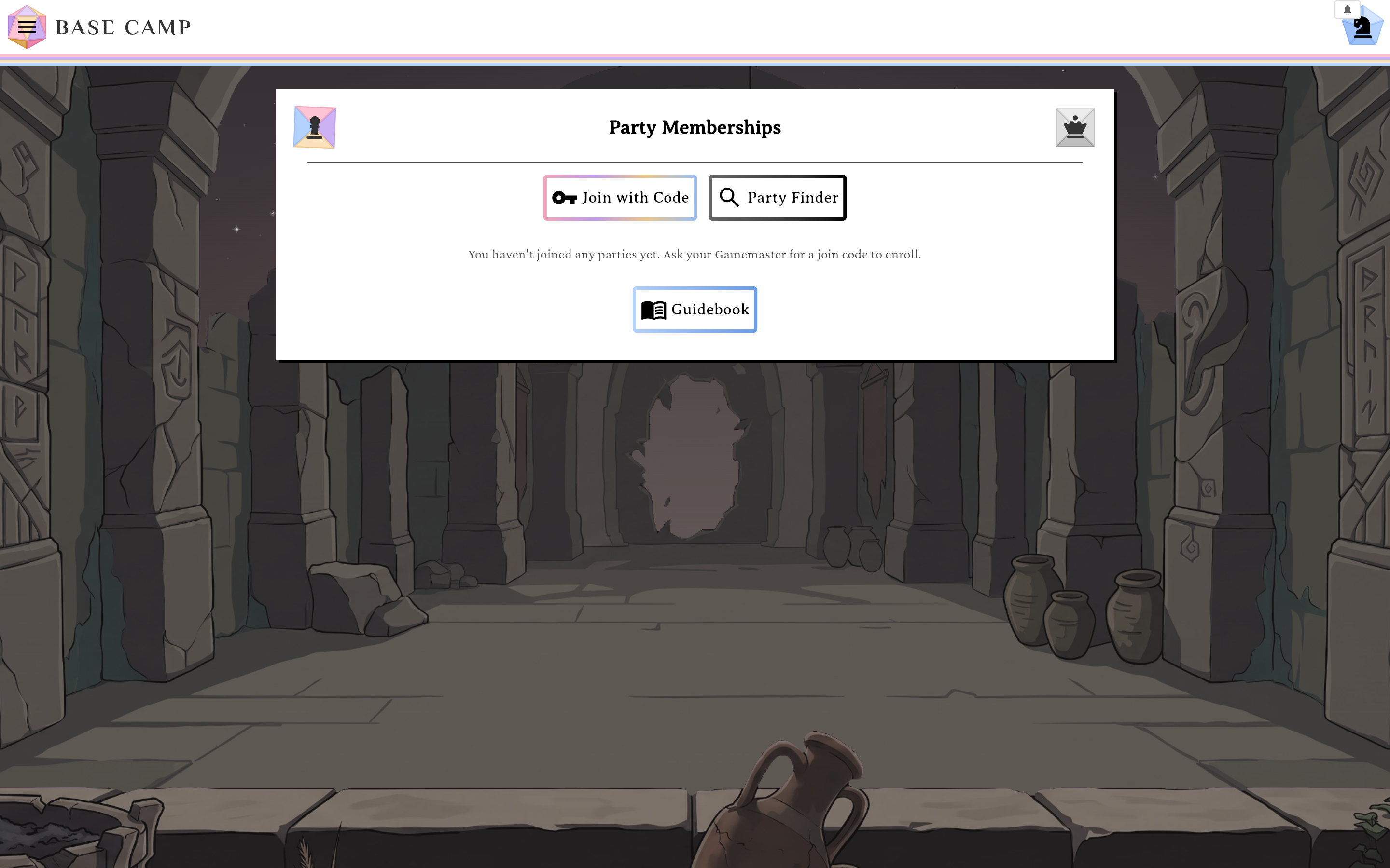 The Party Memberships tab on Base Camp's party card, with the Join with Code button and the empty-state message